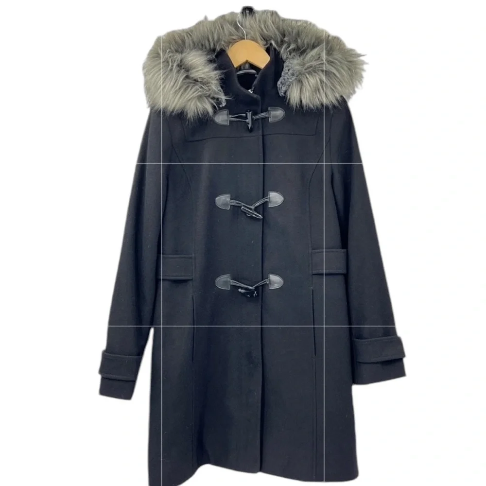NAUTICA Black WITH GRAY FUR WOOL PARKA TOGGLE TUSK BUTTON PENNY LANE COAT M - Picture 10 of 10